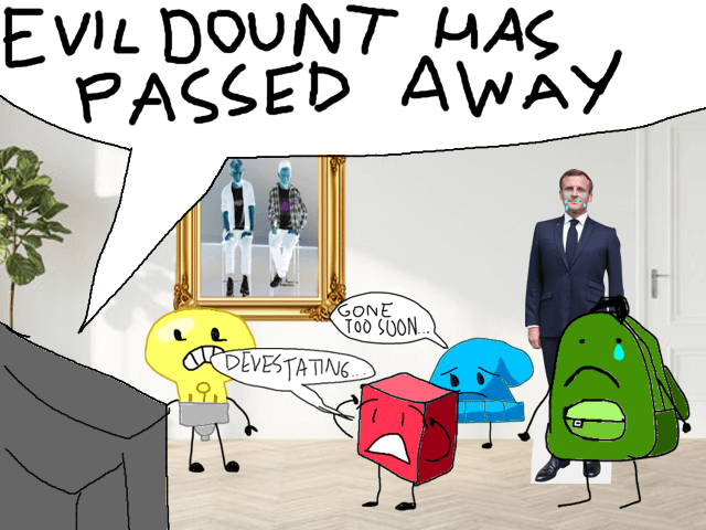 Cartoon characters & Emmanuel Macron reacting to the tragic news of the death of evil donut
